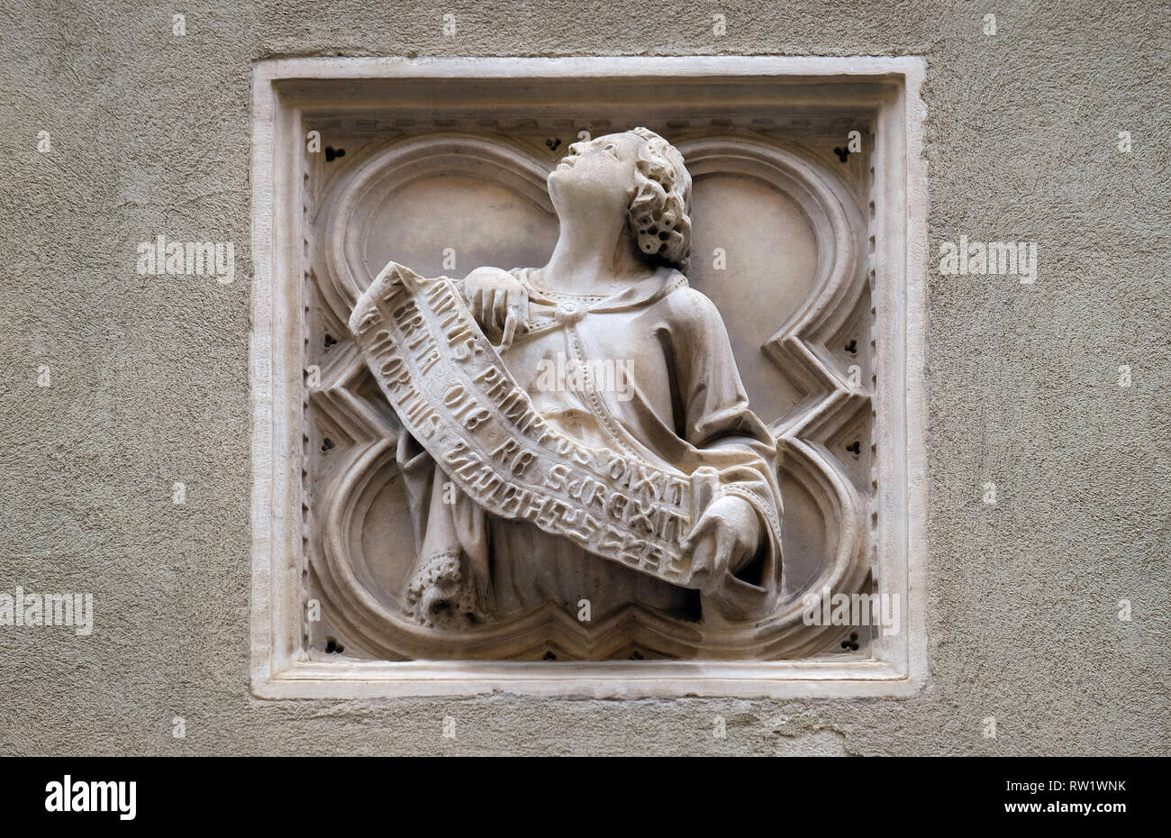 Storia biblica, mattonelle di rilievo, la parete esterna della chiesa di Orsanmichele a Firenze, Toscana, Italia Foto Stock