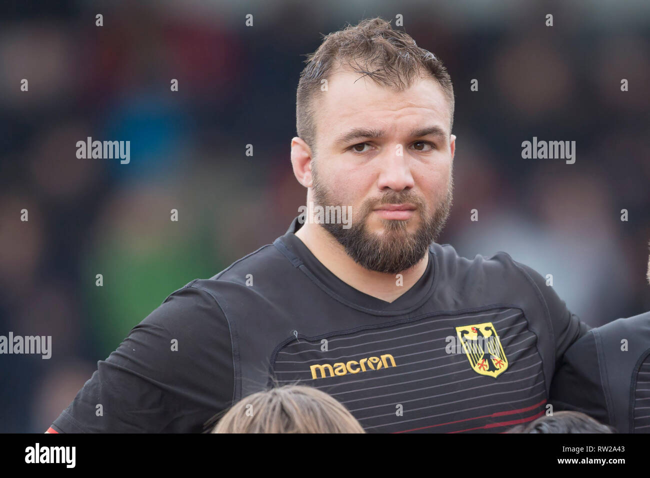 Heidelberg, Germania. 02Mar, 2019. Terza partita di rugby Europa del campionato 2019: Germany-Russia su 09.02.2019 in Heidelberg. Julius Nostadt (Germania), 17), ritratto. Credito: Jürgen Kessler/dpa/Alamy Live News Foto Stock