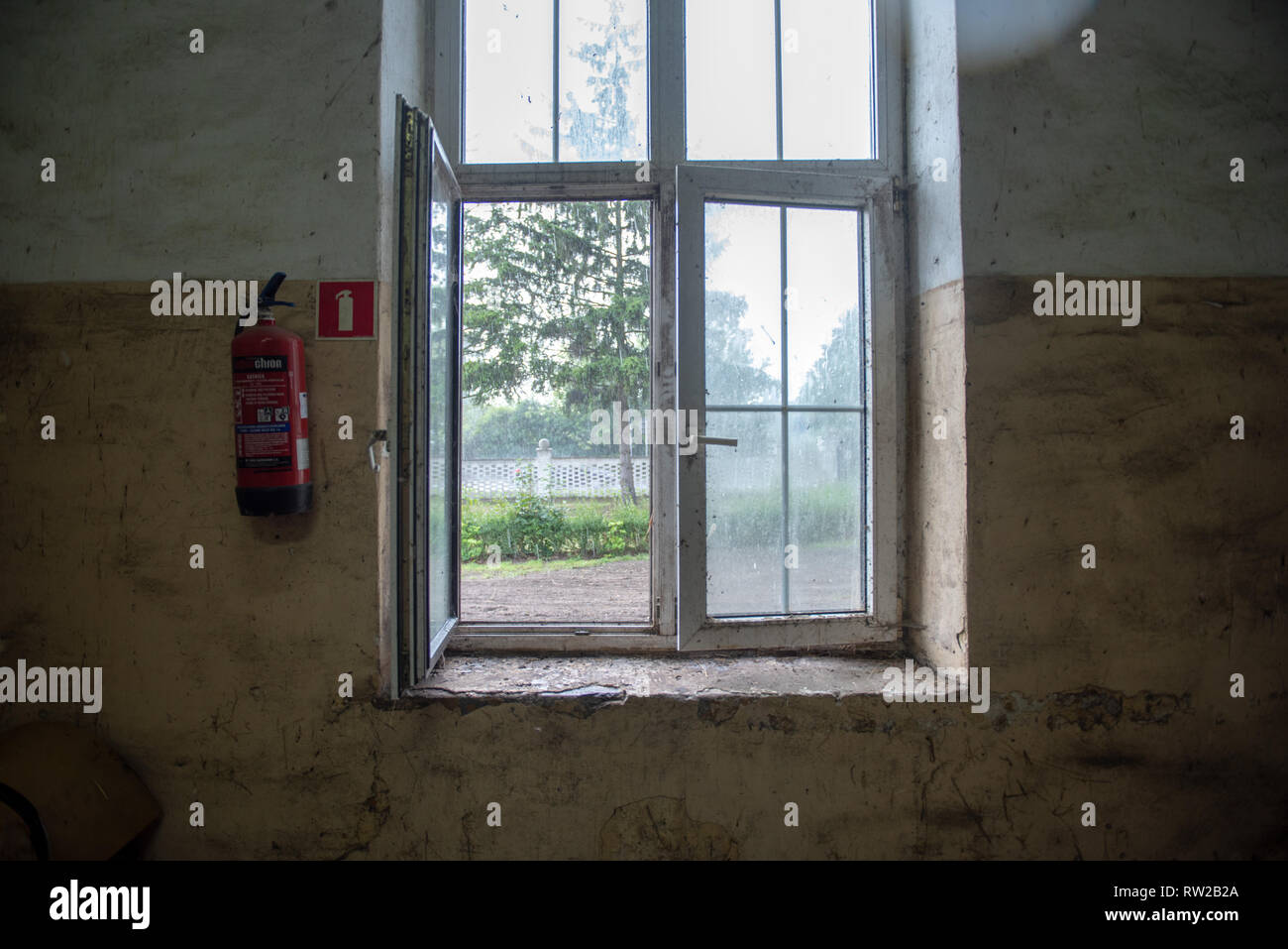 Un interno shot guardando fuori da una finestra aperta a un albero e una recinzione in stado Orgierow Łąck - allevamento / stallone allevatore, Łąck, Masovian voivodato, Foto Stock