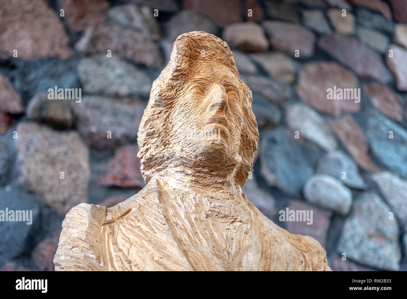 Chiudere shot evidenziando i dettagli della statua in legno del compositore e pianista polacco Frederyk Chopin al Fryderyk Chopin Museum. Zelazowa Wola, Foto Stock