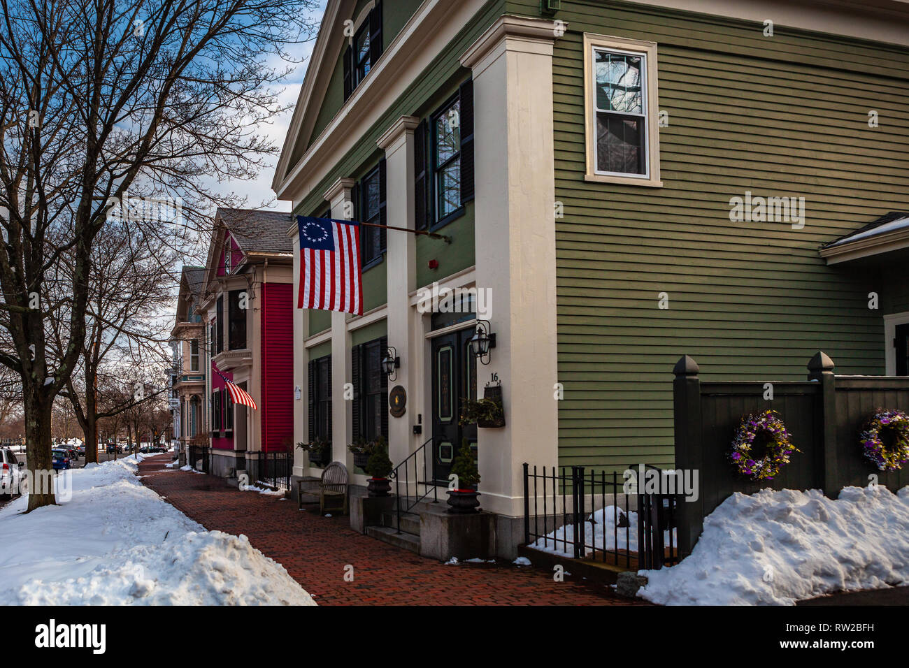 Strade di Salem, città in Massachusetts è famoso per le sue 1692 processi alle streghe, durante il quale alcuni locali sono stati eseguiti per presunto witc praticanti Foto Stock