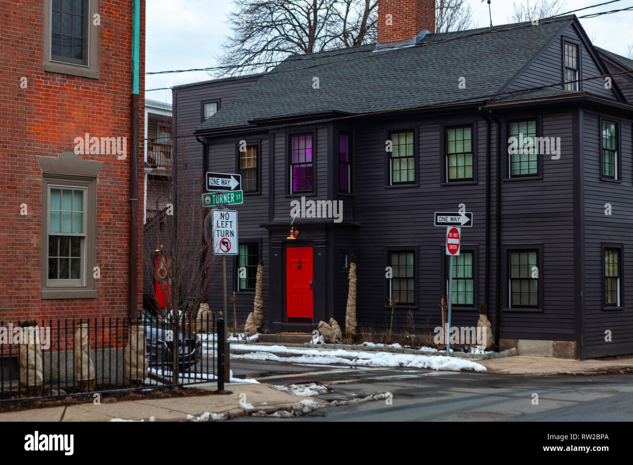 Strade di Salem, città in Massachusetts è famoso per le sue 1692 processi alle streghe, durante il quale alcuni locali sono stati eseguiti per presunto witc praticanti Foto Stock