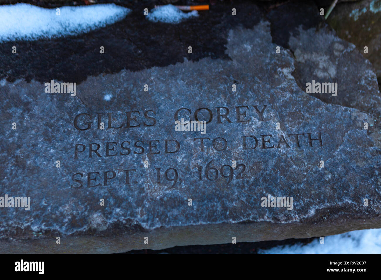 Memorial per l uomo premuto per la morte di Salem processo alle streghe per presunta pratica di stregoneria 1692, Stati Uniti d'America Foto Stock