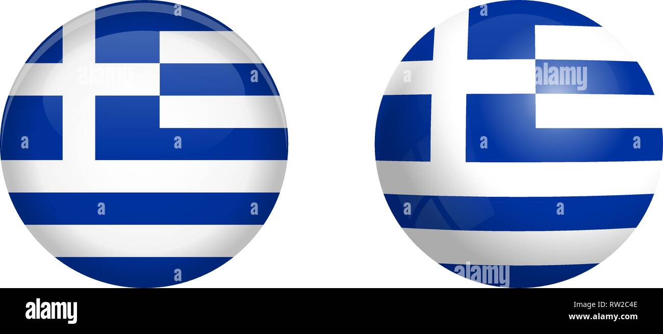 Repubblica ellenica (Grecia) bandiera sotto 3d pulsante a cupola e lucida sfera / palla. Illustrazione Vettoriale