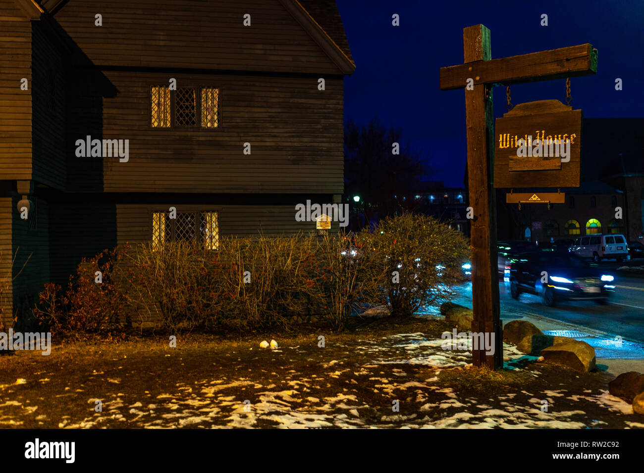 Johnathan storico Corbin House conosciuta come la casa della strega a causa della sua connessione al 1662-63 processi alle streghe in un giorno di pioggia, si trova in Salem, Foto Stock