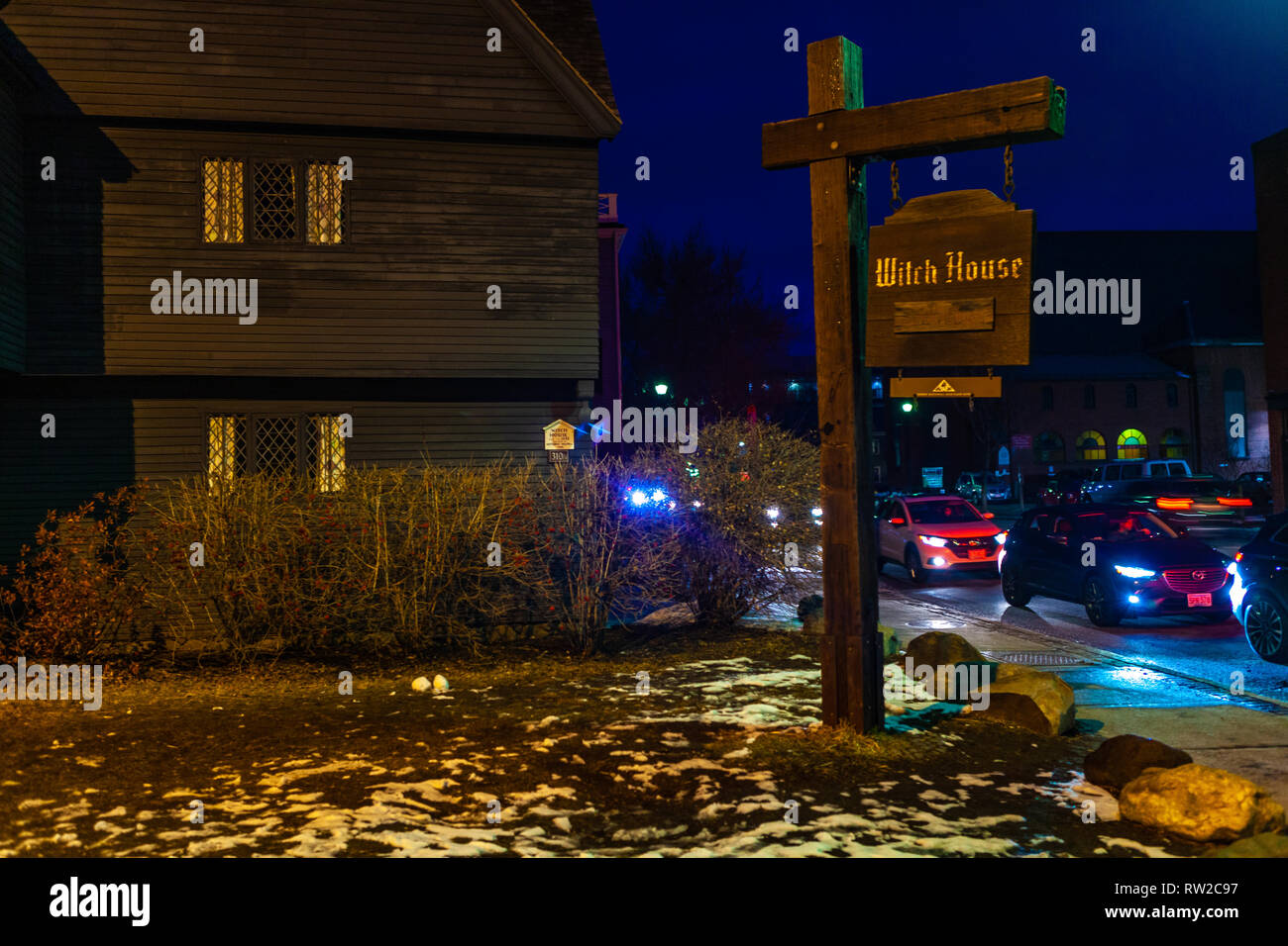 Johnathan storico Corbin House conosciuta come la casa della strega a causa della sua connessione al 1662-63 processi alle streghe in un giorno di pioggia, si trova in Salem, Foto Stock