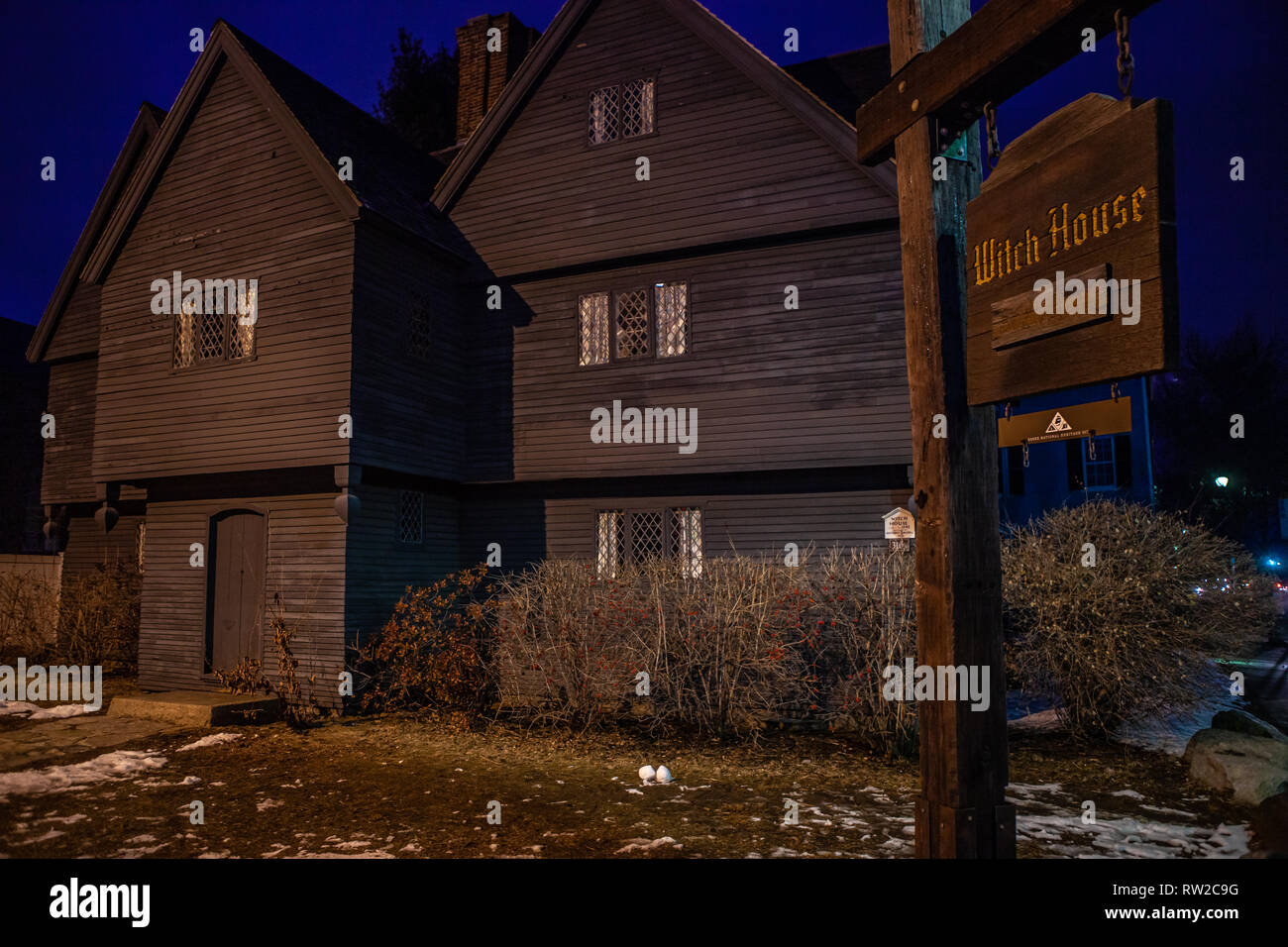 Johnathan storico Corbin House conosciuta come la casa della strega a causa della sua connessione al 1662-63 processi alle streghe in un giorno di pioggia, si trova in Salem, Foto Stock