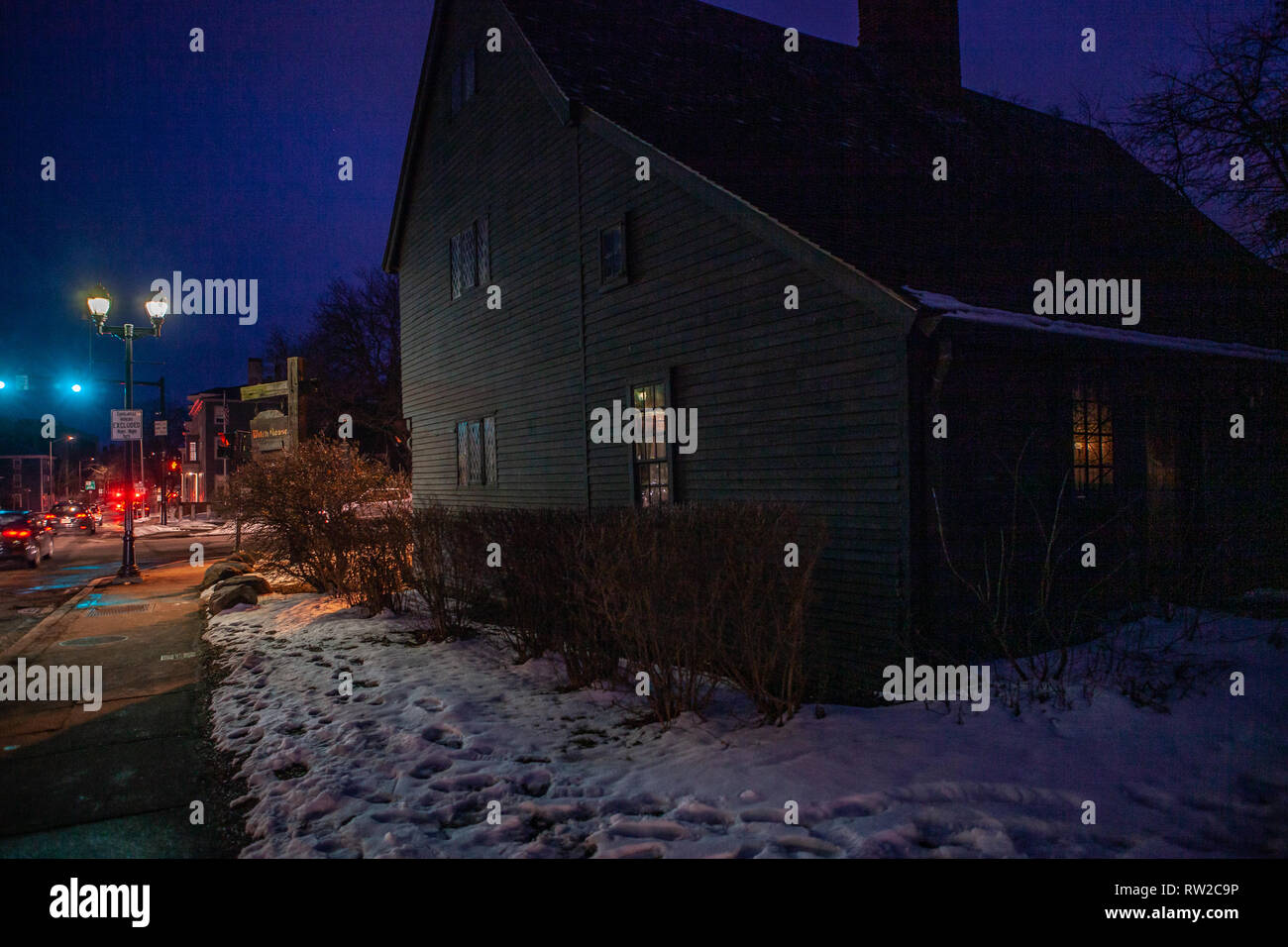 Johnathan storico Corbin House conosciuta come la casa della strega a causa della sua connessione al 1662-63 processi alle streghe in un giorno di pioggia, si trova in Salem, Foto Stock