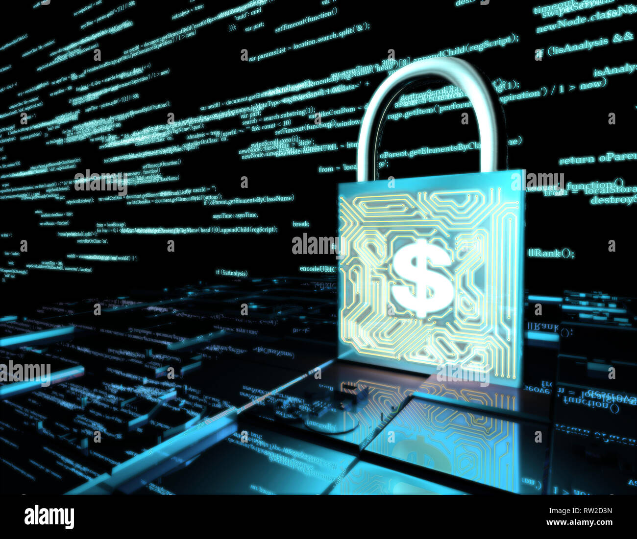 Trasmissione e blocco dei dati di rete, dollari, protezione della sicurezza Foto Stock