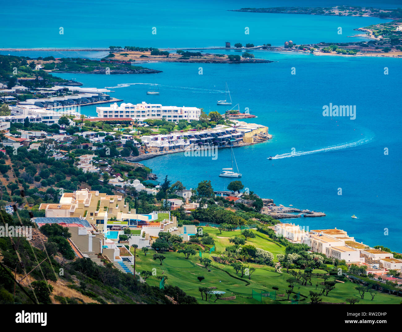 Splendida vista della baia di Mirabello e Elounda, Creta, Grecia Foto Stock