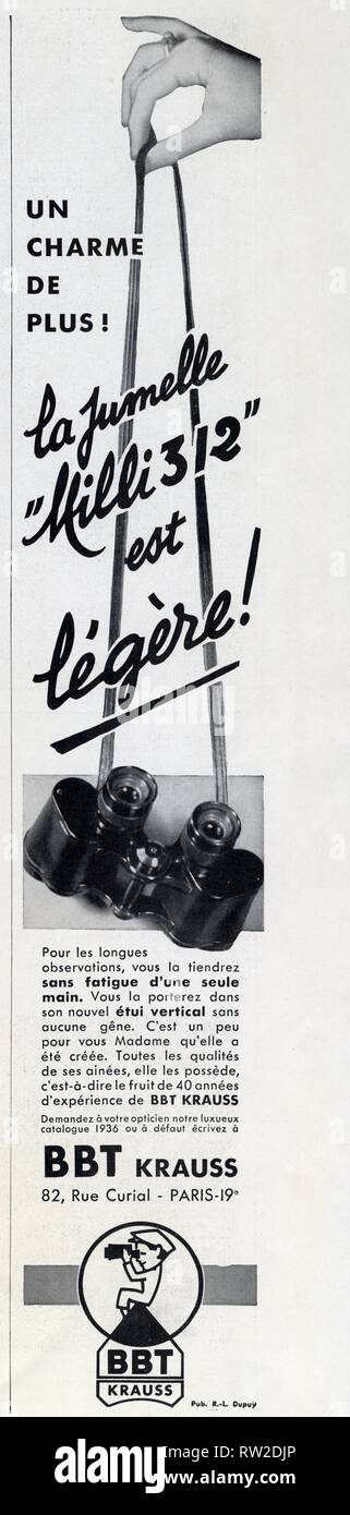 Publicité ancienne. 13 juin 1936. Un charme de Plus! La jumelle MILLI 312 est légère Foto Stock