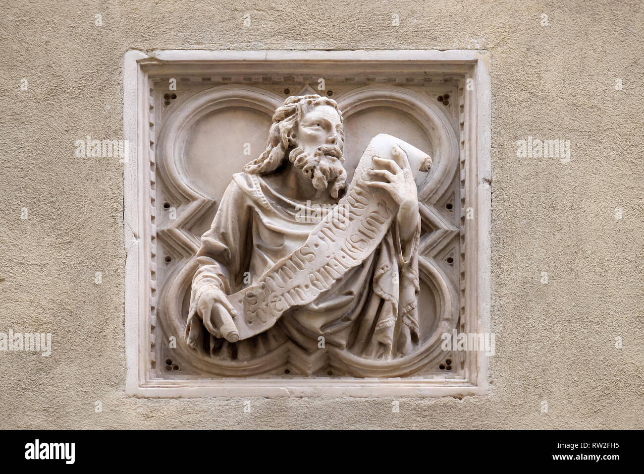 Storia biblica, mattonelle di rilievo, la parete esterna della chiesa di Orsanmichele a Firenze, Toscana, Italia Foto Stock