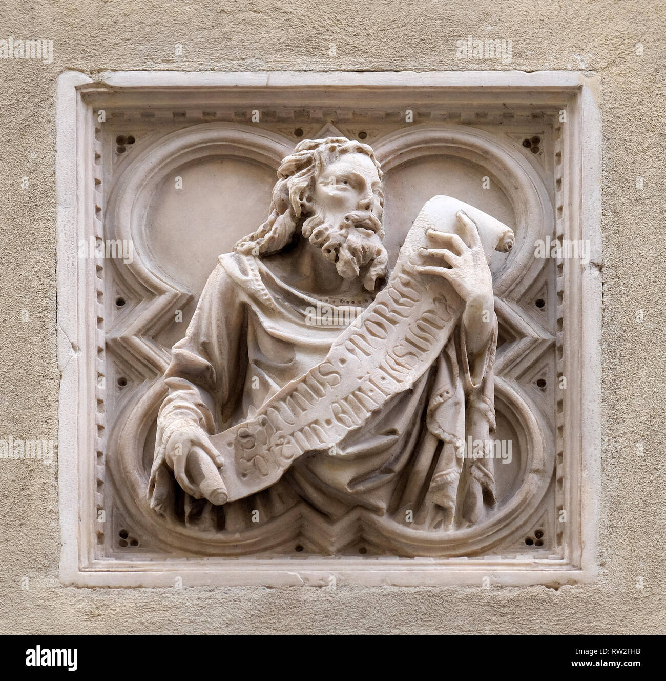 Storia biblica, mattonelle di rilievo, la parete esterna della chiesa di Orsanmichele a Firenze, Toscana, Italia Foto Stock