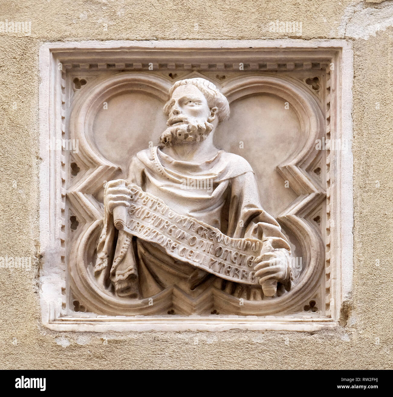 Storia biblica, mattonelle di rilievo, la parete esterna della chiesa di Orsanmichele a Firenze, Toscana, Italia Foto Stock