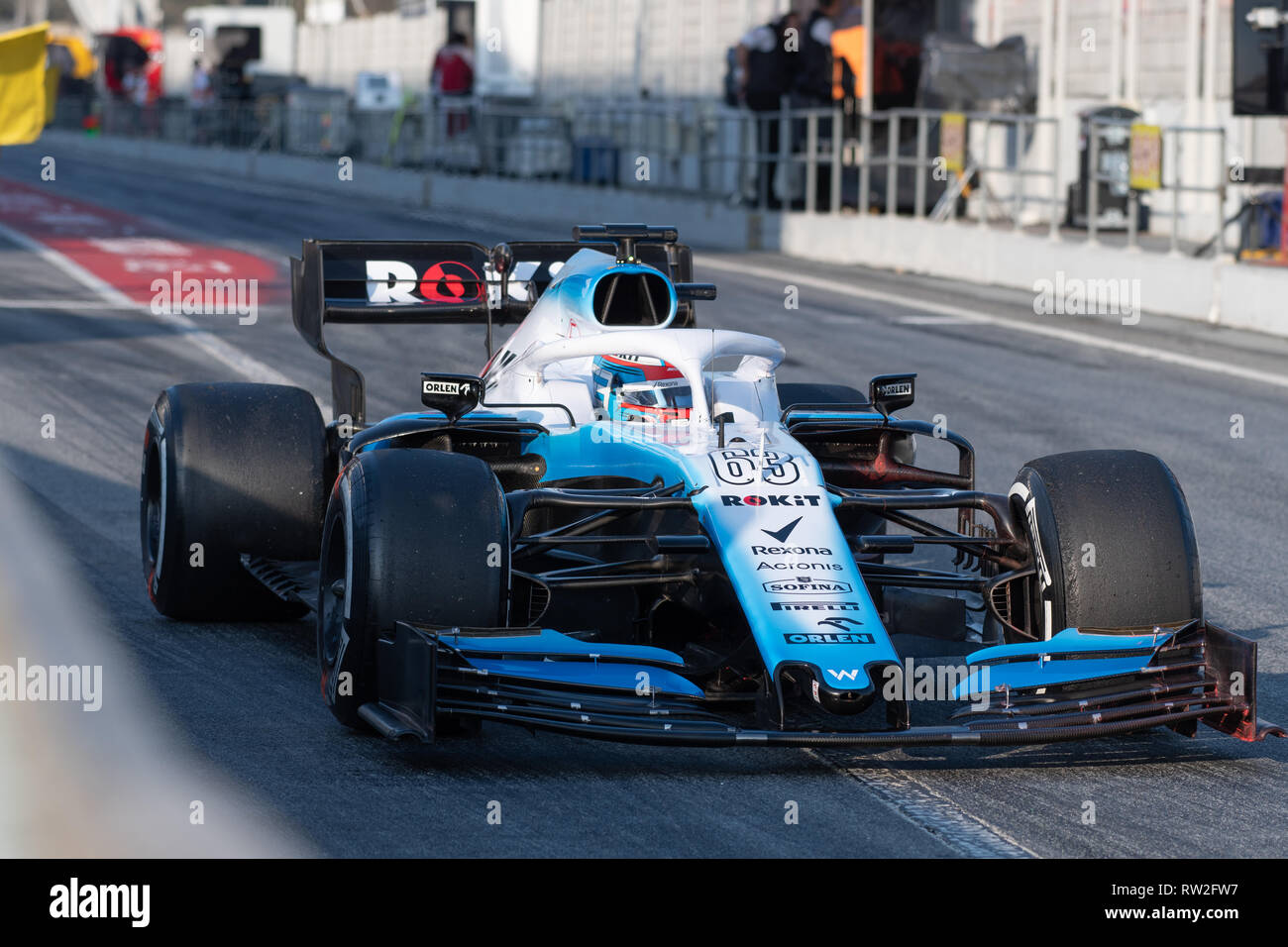 Circuito DE CATALUNYA, MONTMELO, Spagna - Febbraio 28th, 2019 - George Russel di Gran Bretagna guida la (63) Rokit Racing Williams FW42 sulla via Test F1. Foto Stock