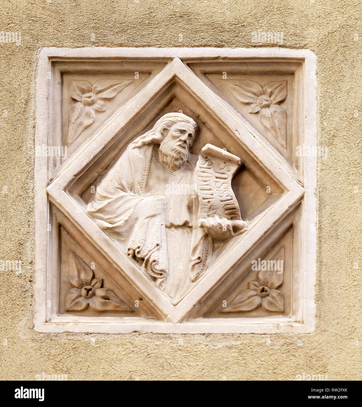 Storia biblica, mattonelle di rilievo, la parete esterna della chiesa di Orsanmichele a Firenze, Toscana, Italia Foto Stock
