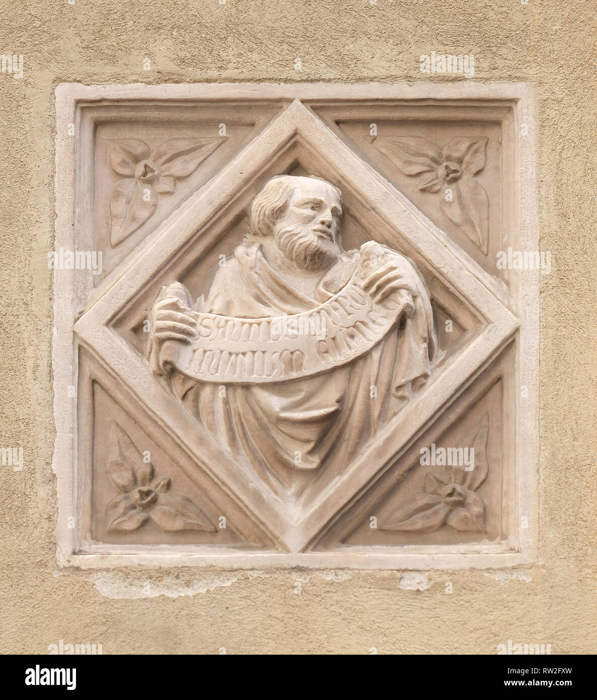 Storia biblica, mattonelle di rilievo, la parete esterna della chiesa di Orsanmichele a Firenze, Toscana, Italia Foto Stock