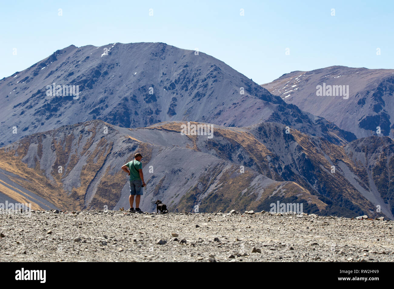 Mt Cheeseman, Canterbury, Nuova Zelanda, 2 Marzo 2019: un uomo con il suo cane, gode di una vista mozzafiato sulla valle Foto Stock