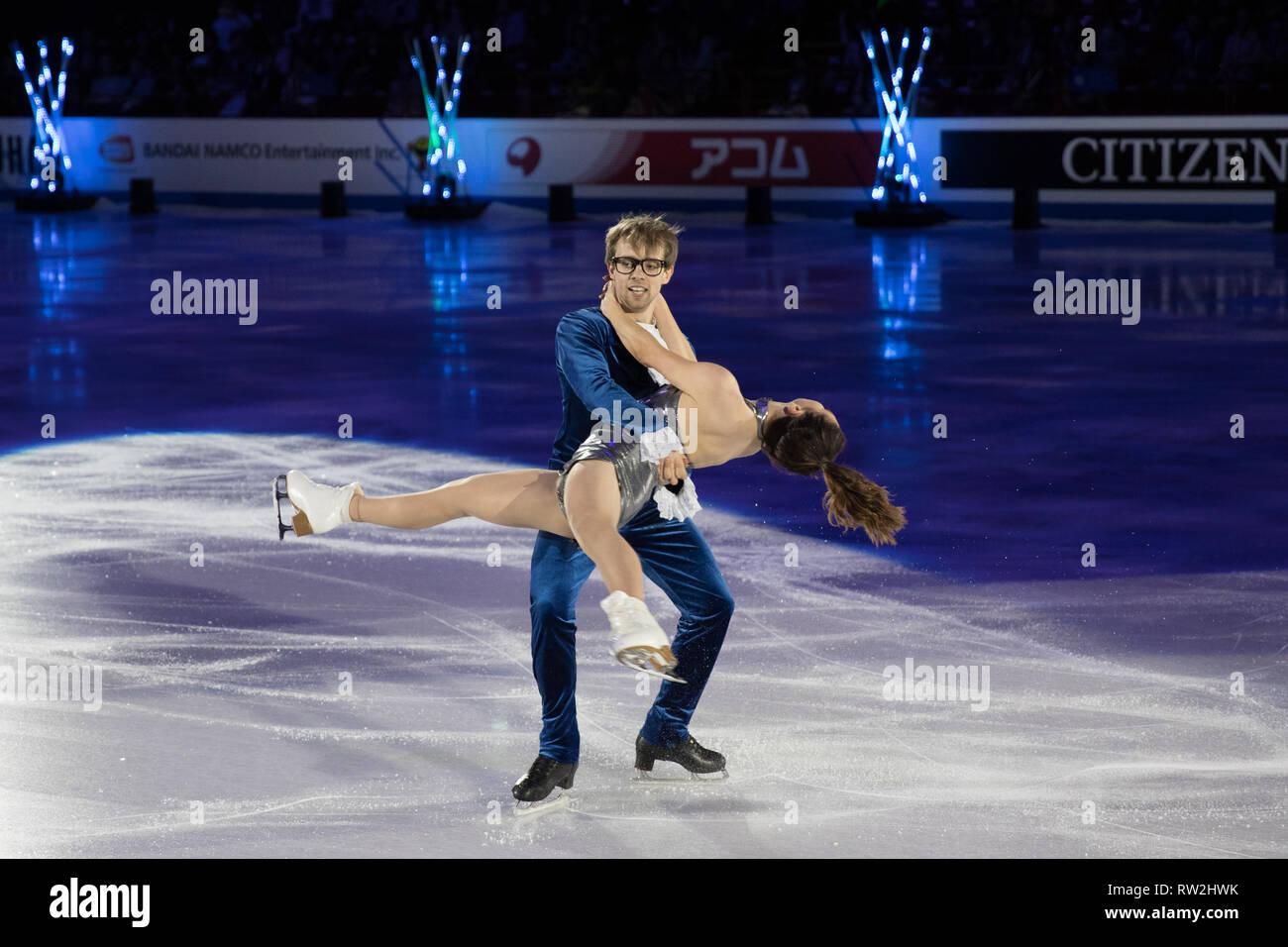 Kaitlin Hawayek e Jean-Luc Baker DA STATI UNITI D'AMERICA svolgono il loro programma espositivo durante 2018 World Figure Skating Championships Foto Stock