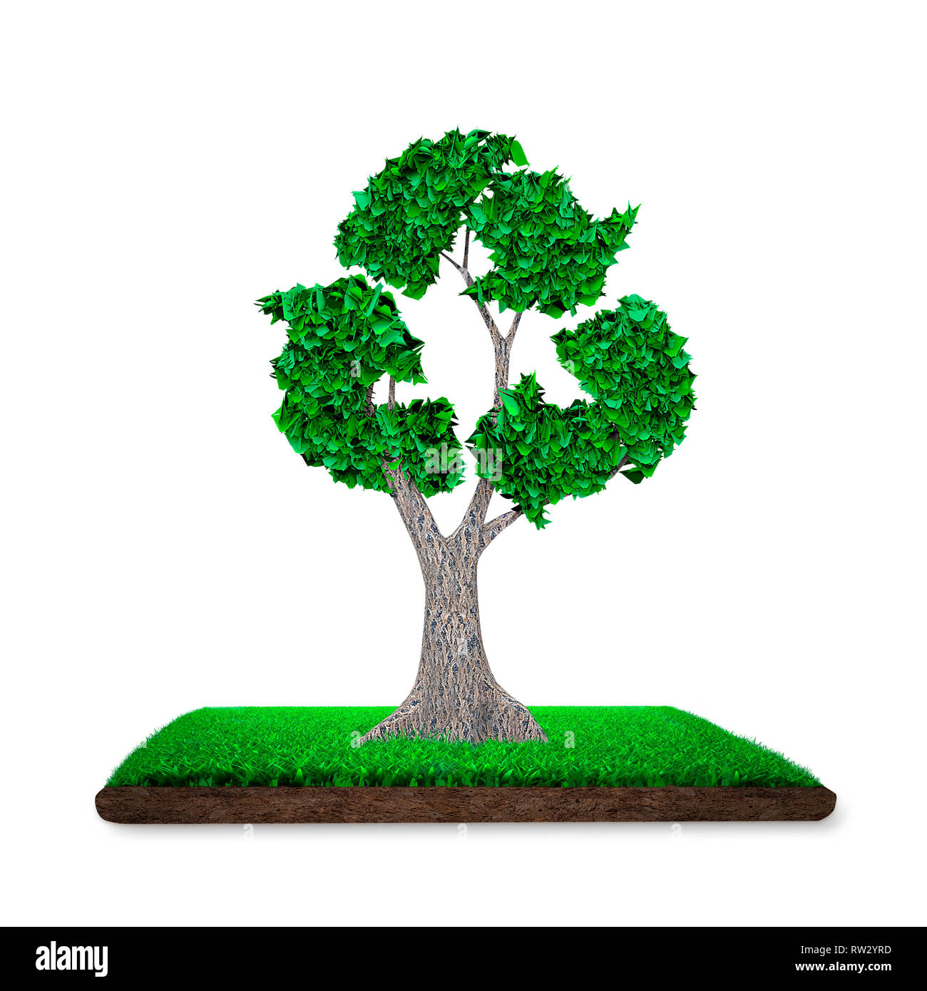 Concetto di fornire il recupero delle risorse, rifiuti zero e verde tecnologia amichevole, albero con foglie verdi sotto forma di simbolo di riciclaggio sul prato con fango, Foto Stock