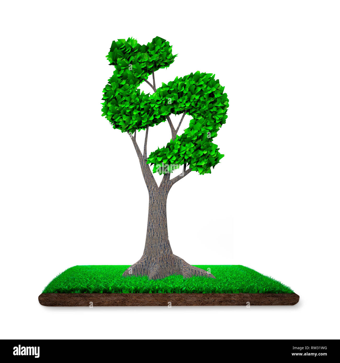 Concetto di sviluppo circolare verde economia e fornendo verde tecnologia amichevole, albero con foglie verdi in dollar sign forma sul prato con fango, Foto Stock