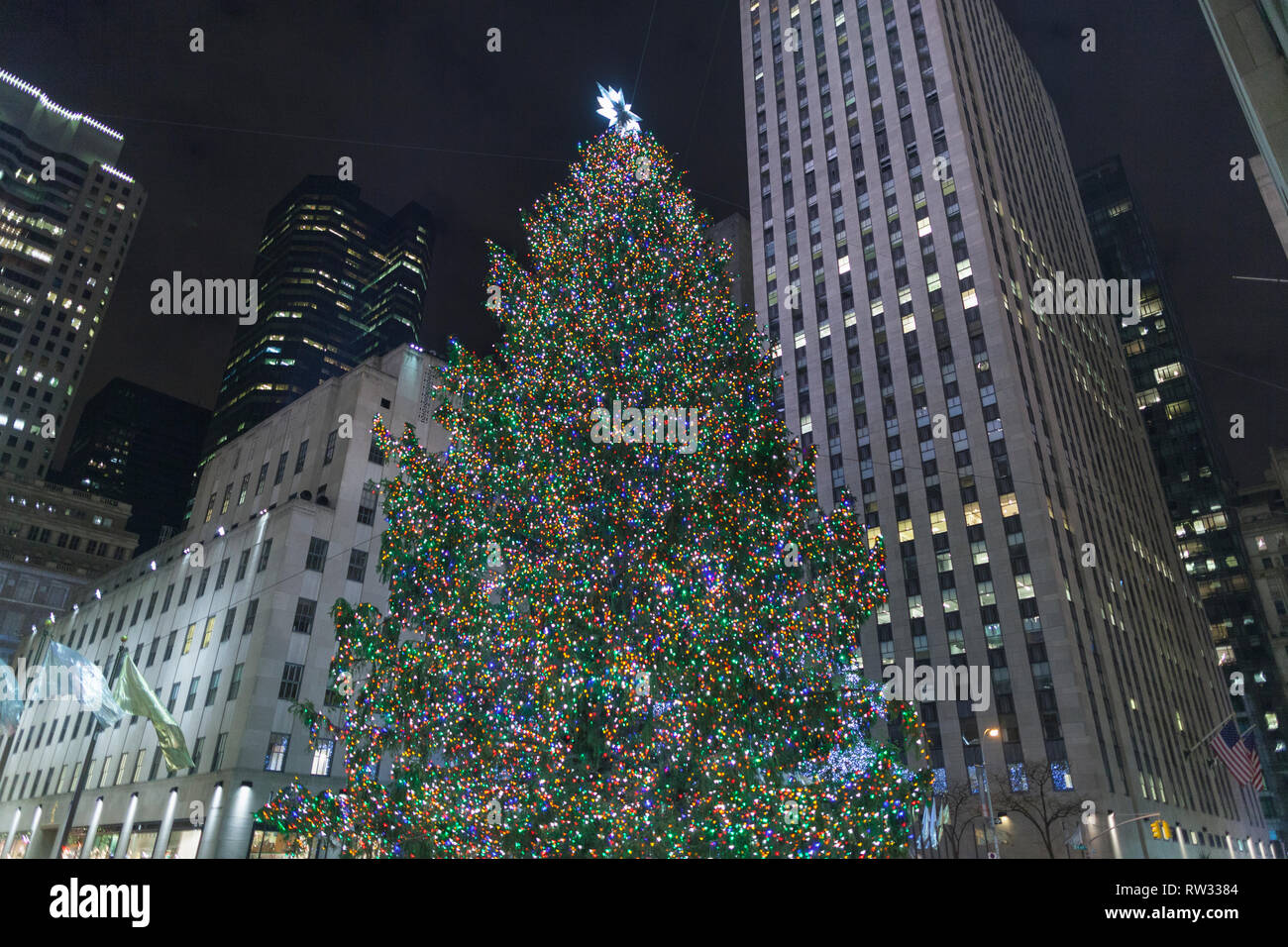Le decorazioni di Natale al Rockefeller Center di Manhattan, New York, New York, Stati Uniti d'America Foto Stock