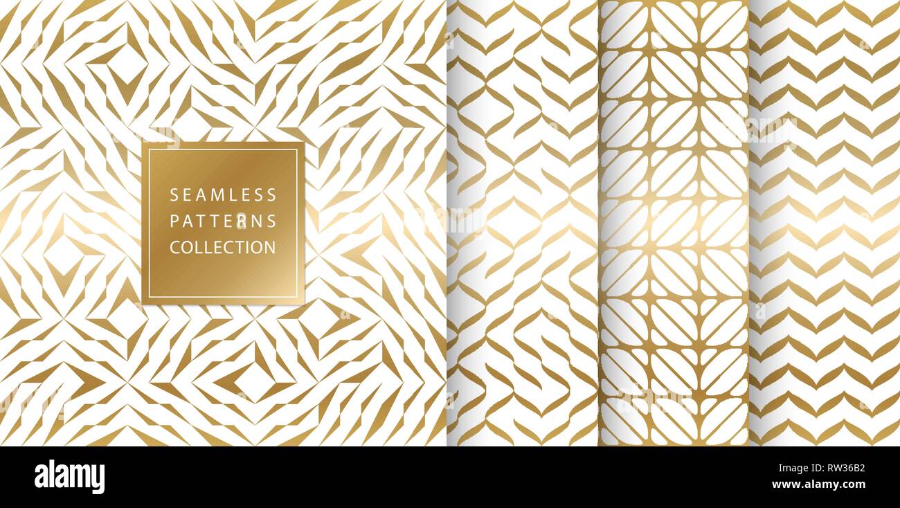 Set di golden seamless pattern. Vettore design texture. Abstract seamless disegno geometrico su sfondo bianco. Semplice in stile minimalista Oro per stampa Illustrazione Vettoriale