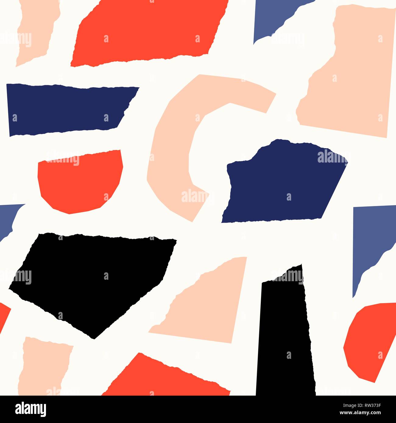 Seamless modello di ripetizione con forme di carta in rosso, blu, nero e rosa pallido su sfondo color crema. Giocoso e moderno e contemporaneo stile collage pos Illustrazione Vettoriale