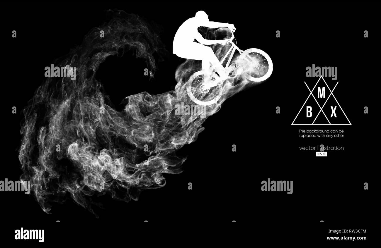 Silhouette astratta di un rider BMX sul buio, sfondo nero a partire da particelle. Rider bmx salti ed esegue il trucco. Illustrazione Vettoriale