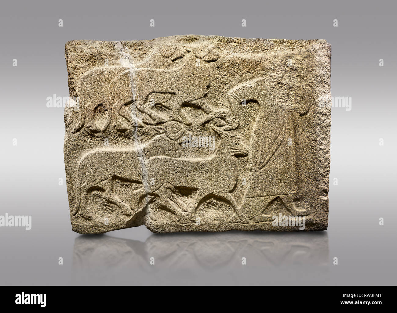 Alaca Hoyuk Sphinx Gate Hittita Rilievo monumentale scolpita in pietra orthostat pannello. Una figura di portare animali sacrificali. Civiltà Anatoliche Muse Foto Stock