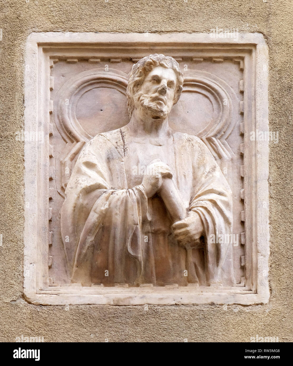 Storia biblica, mattonelle di rilievo, la parete esterna della chiesa di Orsanmichele a Firenze, Toscana, Italia Foto Stock