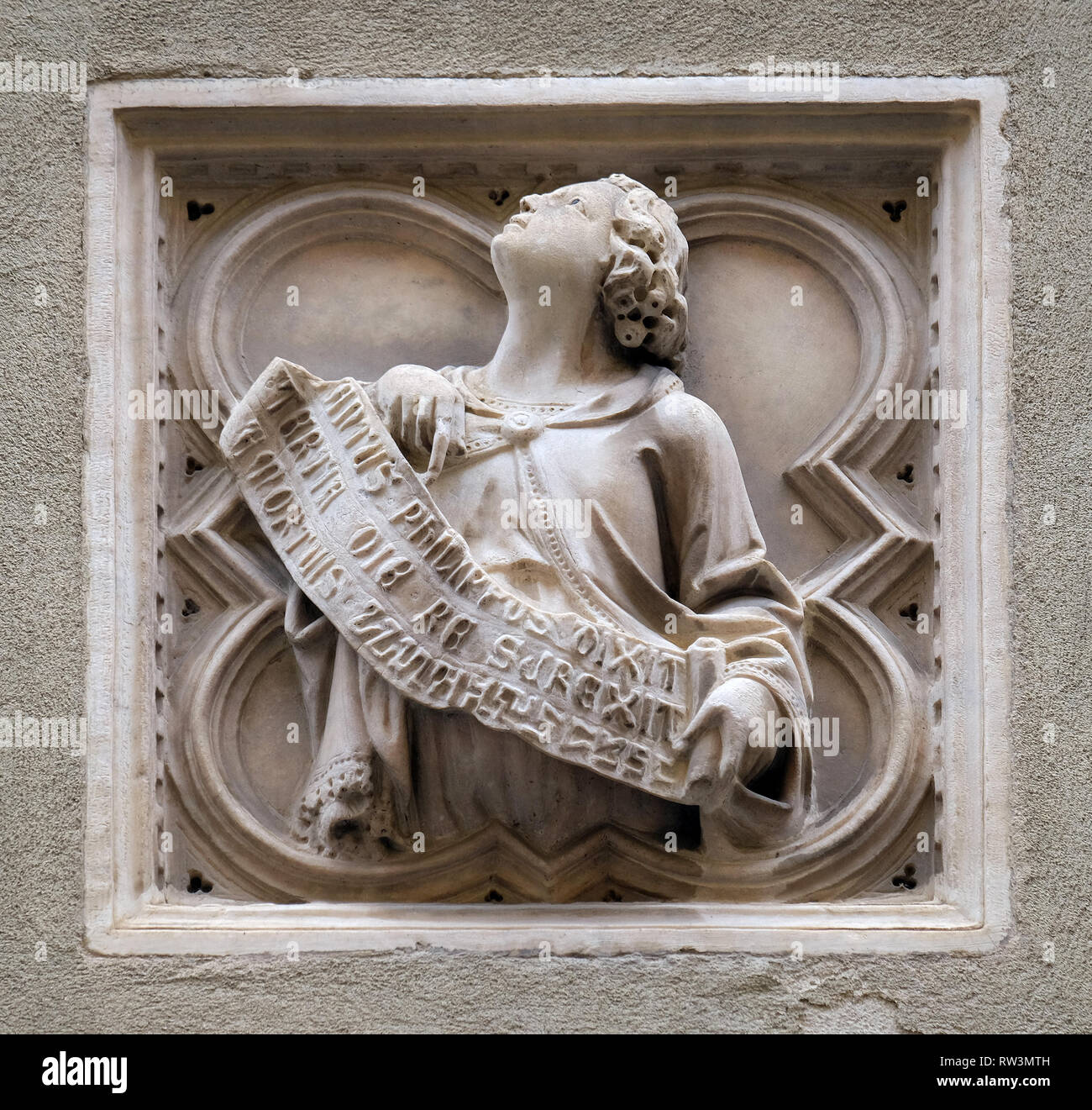 Storia biblica, mattonelle di rilievo, la parete esterna della chiesa di Orsanmichele a Firenze, Toscana, Italia Foto Stock