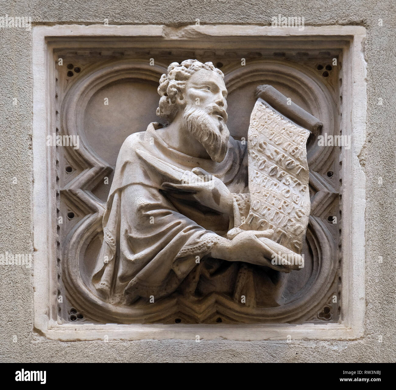 Storia biblica, mattonelle di rilievo, la parete esterna della chiesa di Orsanmichele a Firenze, Toscana, Italia Foto Stock