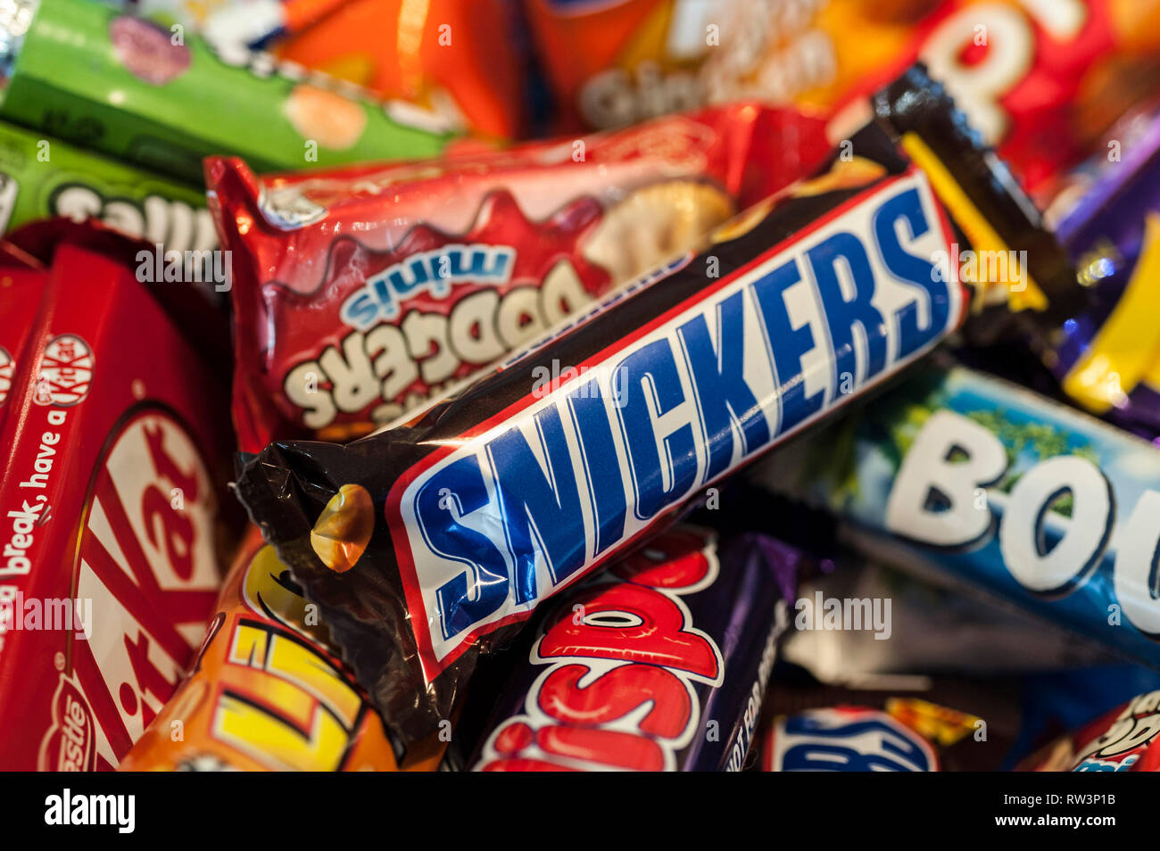 Una vista ingrandita delle barrette di cioccolato. Foto Stock