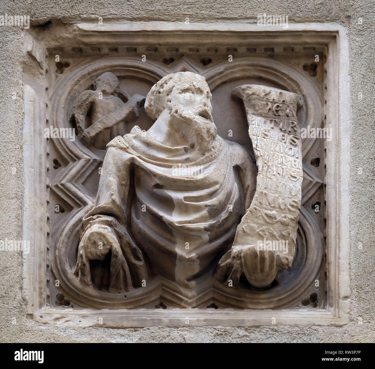 Storia biblica, mattonelle di rilievo, la parete esterna della chiesa di Orsanmichele a Firenze, Toscana, Italia Foto Stock