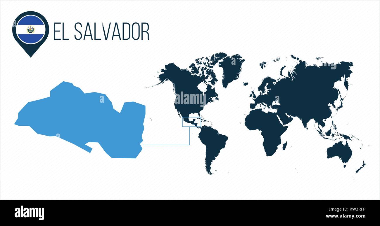El Salvador mappa situato su una mappa del mondo con la bandiera e il puntatore mappa o il PIN. Una infografica mappa. Illustrazione di vettore isolato su bianco Illustrazione Vettoriale