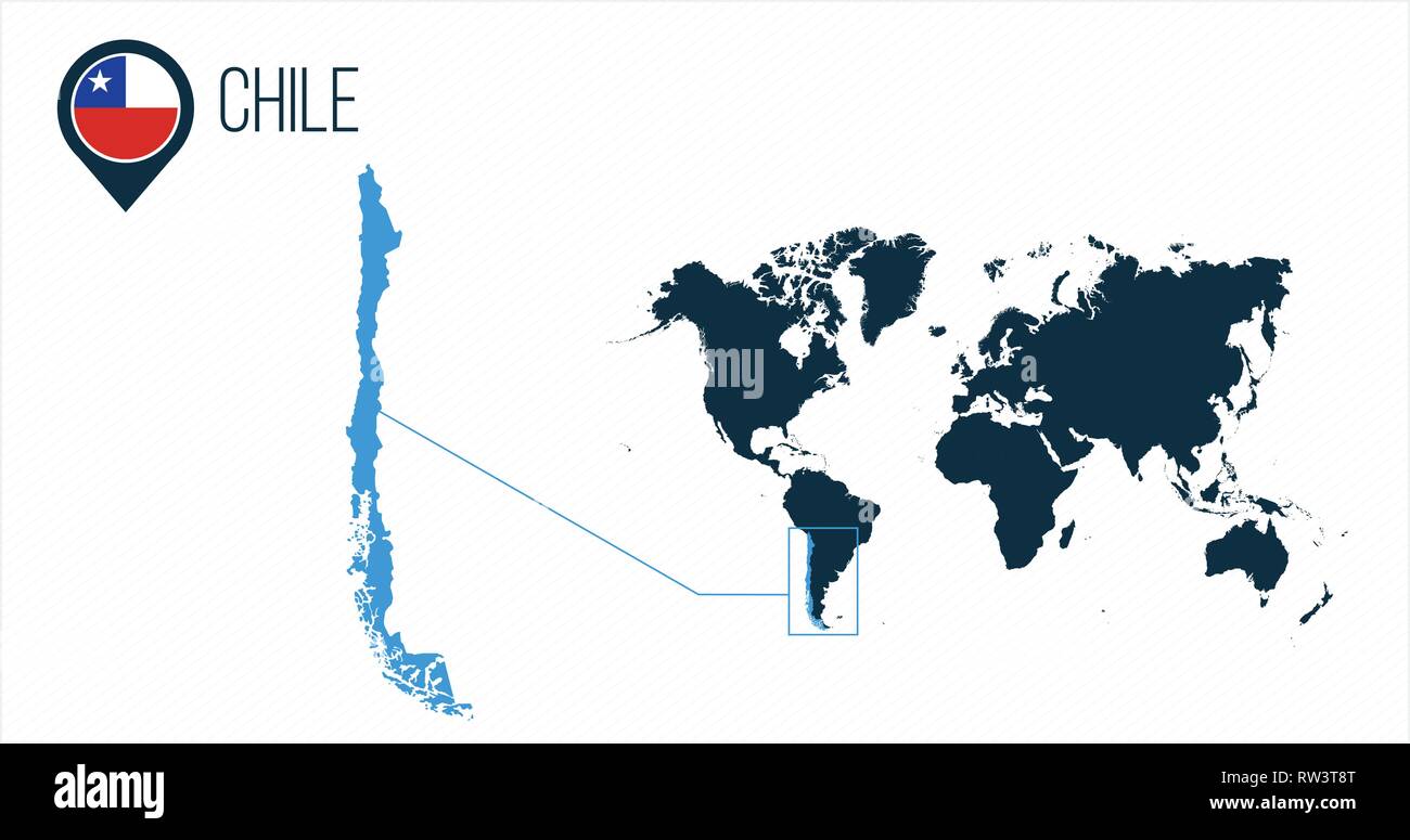 Mappa di Cile si trova su una mappa del mondo con la bandiera e il puntatore mappa o il PIN. Una infografica mappa. Illustrazione di vettore isolato su bianco . Illustrazione Vettoriale