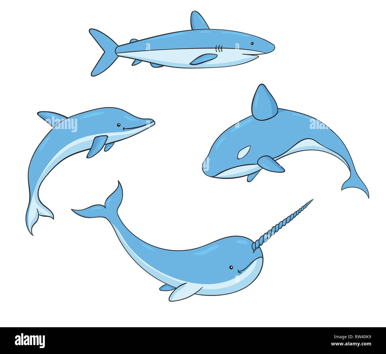 Set di vettore di vita subacquea con Killer Whale, squalo, narwhal e Dolphin. Creature del mare isolato su uno sfondo bianco. Illustrazione Vettoriale