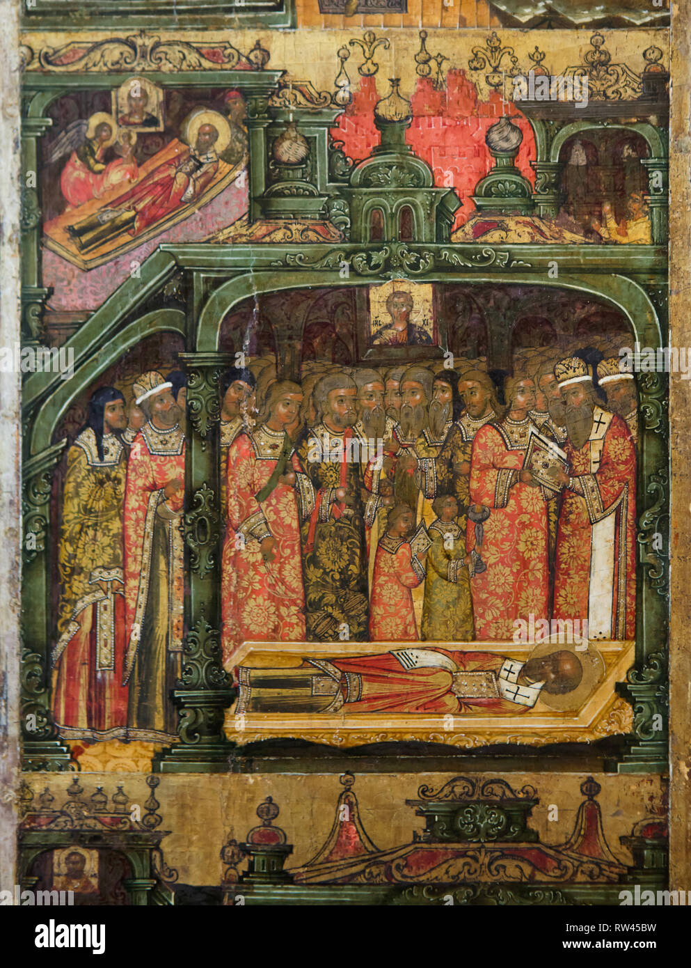 La sepoltura di San Nicola Wonderworker illustrato nel dettaglio dell'icona icona russa pittore Illarion Sevastyanov di Yaroslavl icona scuola di pittura datata dal 1680s dalla chiesa del Feodorovskaya Icona della Madre di Dio a Yaroslavl, ora sul display nel Yaroslavl Museo conserva in Yaroslavl, Russia. Foto Stock