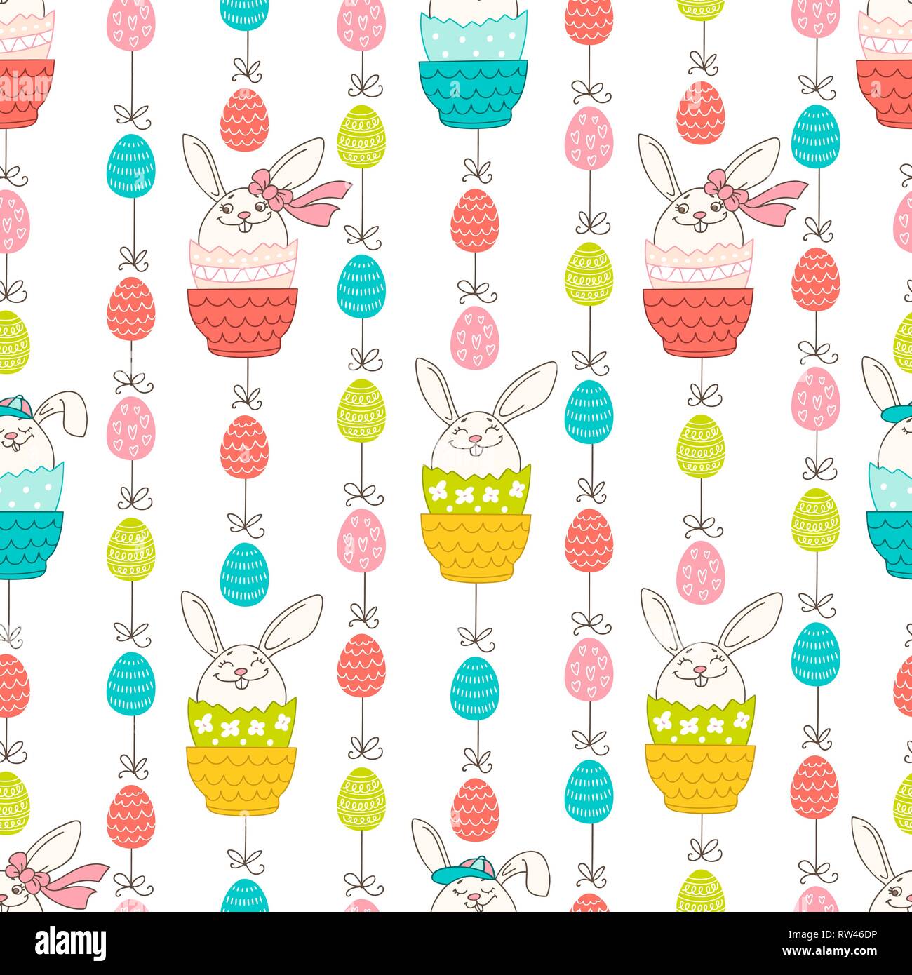 Disegnata a mano colorate uova di Pasqua e bunny in doodle stile. Vector seamless pattern. Perfetta degli elementi di design per decorazioni biglietto di auguri, vacanze pa Illustrazione Vettoriale