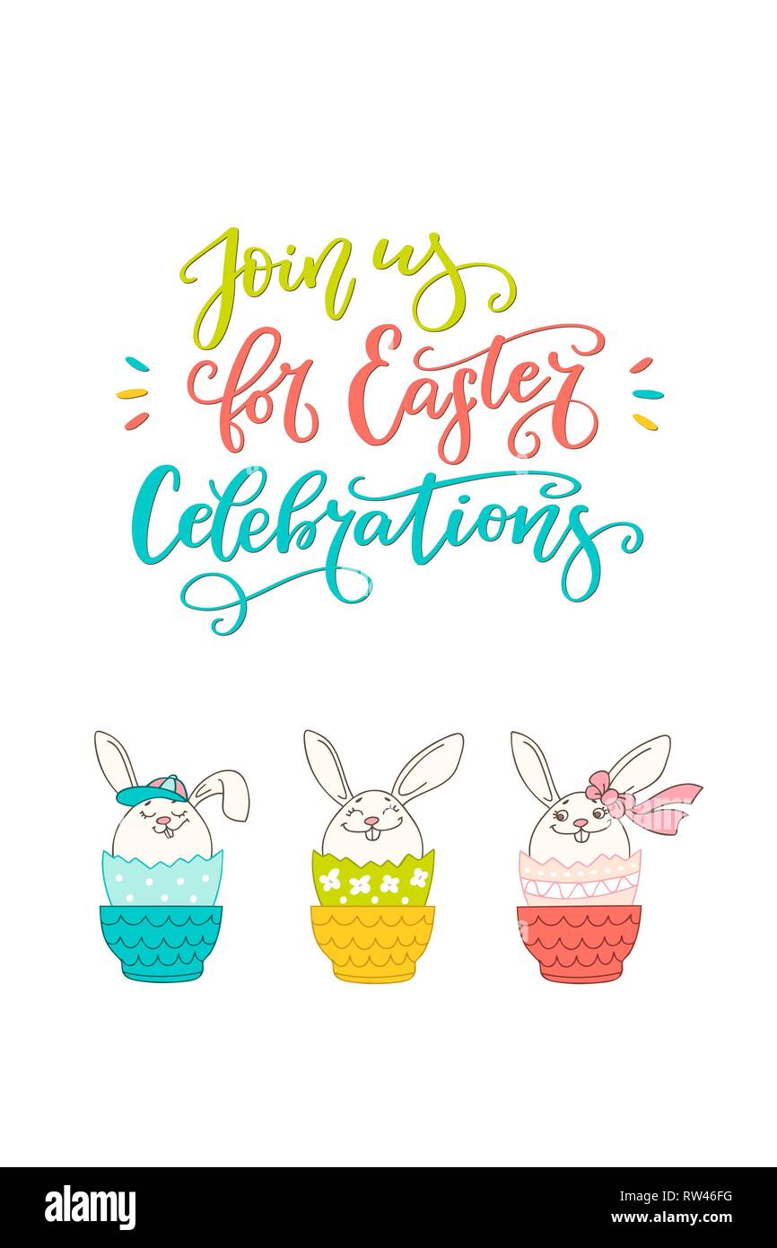 Spazzola composizione scritta di unirsi a noi per la Pasqua e disegnati a mano bunny. La calligrafia manoscritta design. Stampa per invito, poster, lea Illustrazione Vettoriale