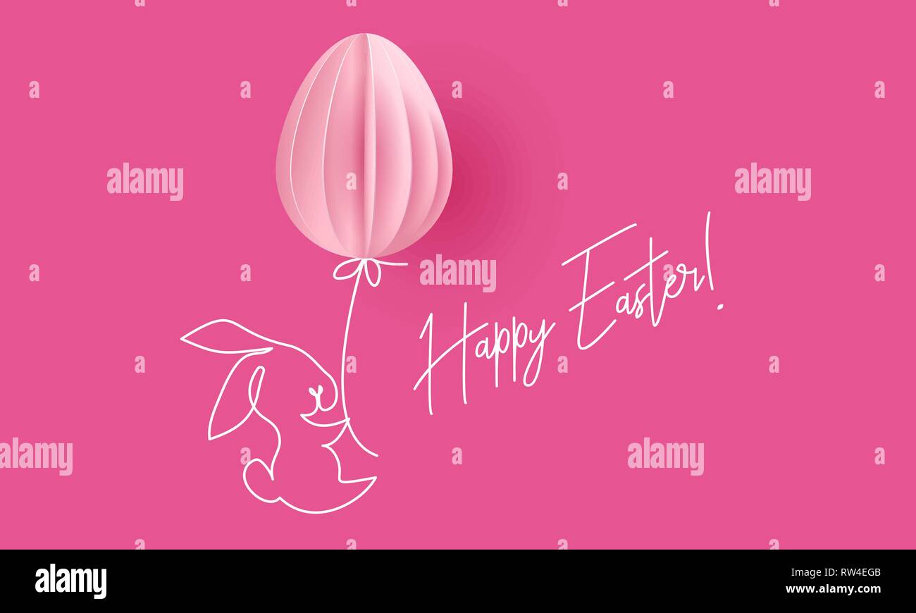 Felice Pasqua. Simpatico coniglio con aria palloncino a forma di uovo. Vettore desing di carta illustrazione. Continuo di uno stile della linea. Illustrazione Vettoriale