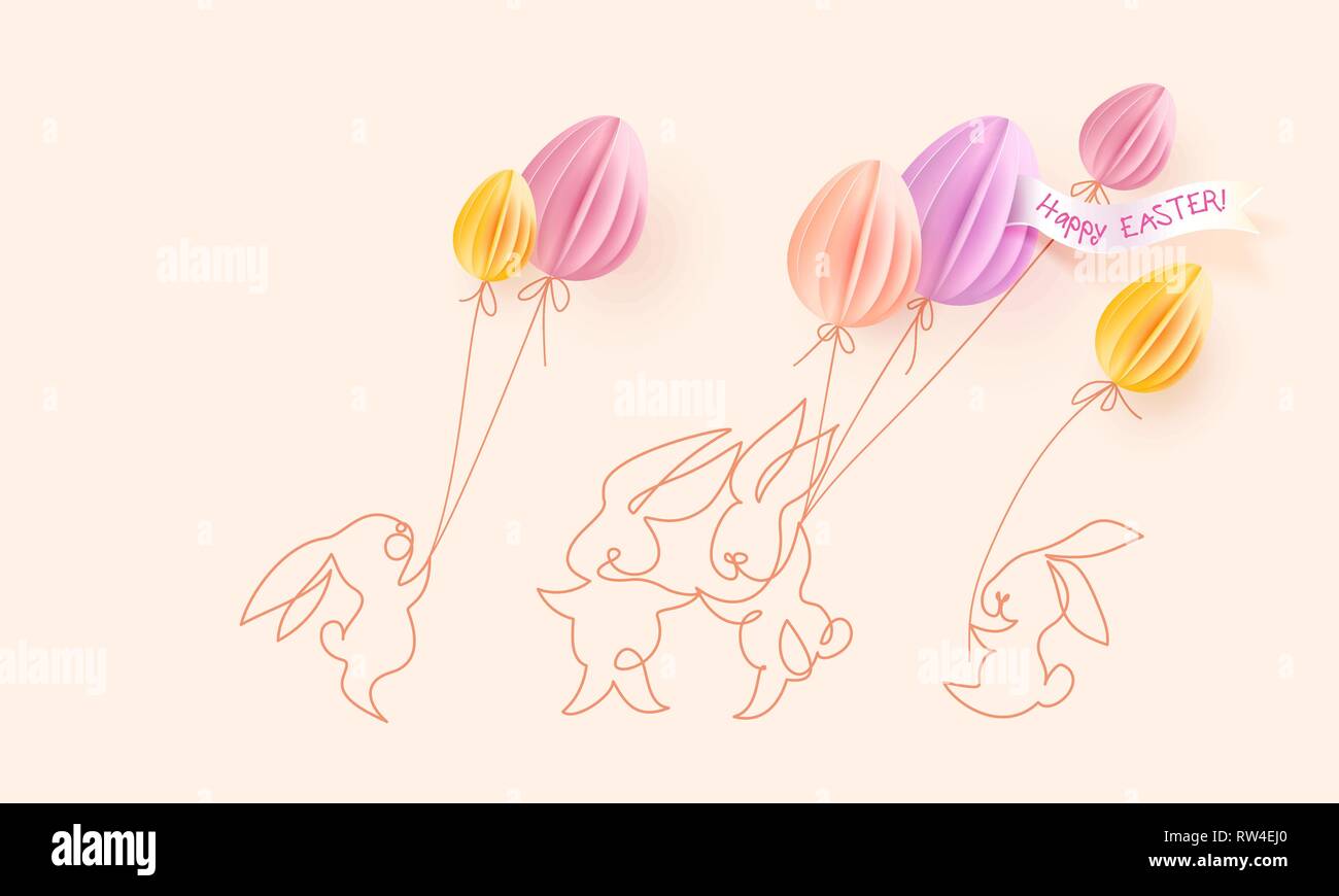 Felice Pasqua card. Carino disegnato a mano i conigli con aria palloncini sagomati come uova. Vettore desing di carta illustrazione. Continuo di uno stile della linea. Illustrazione Vettoriale