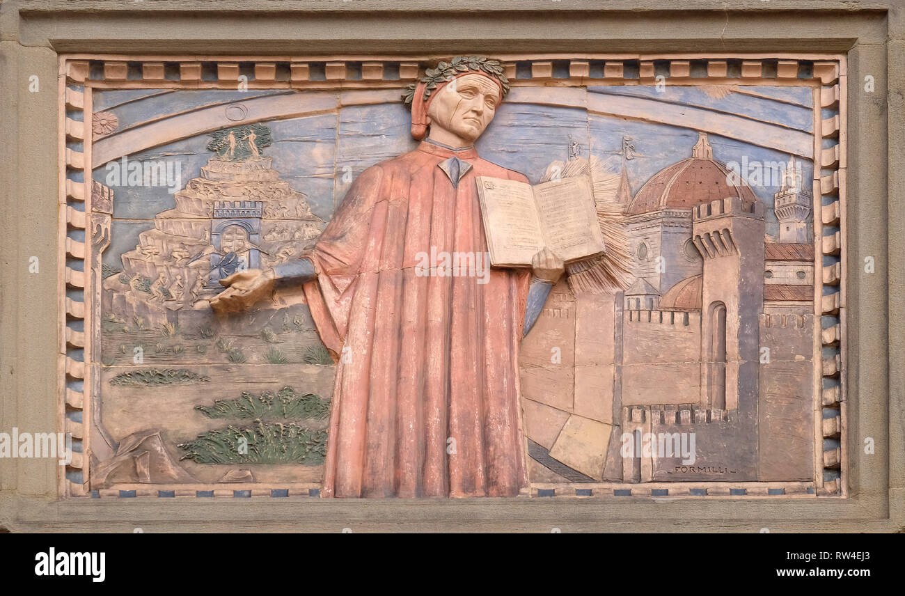 Dante Alighieri è rappresentata in molte piastre lungo le strade di Firenze, Societa Dante Alighieri Società culturale edificio, Toscana, Italia Foto Stock