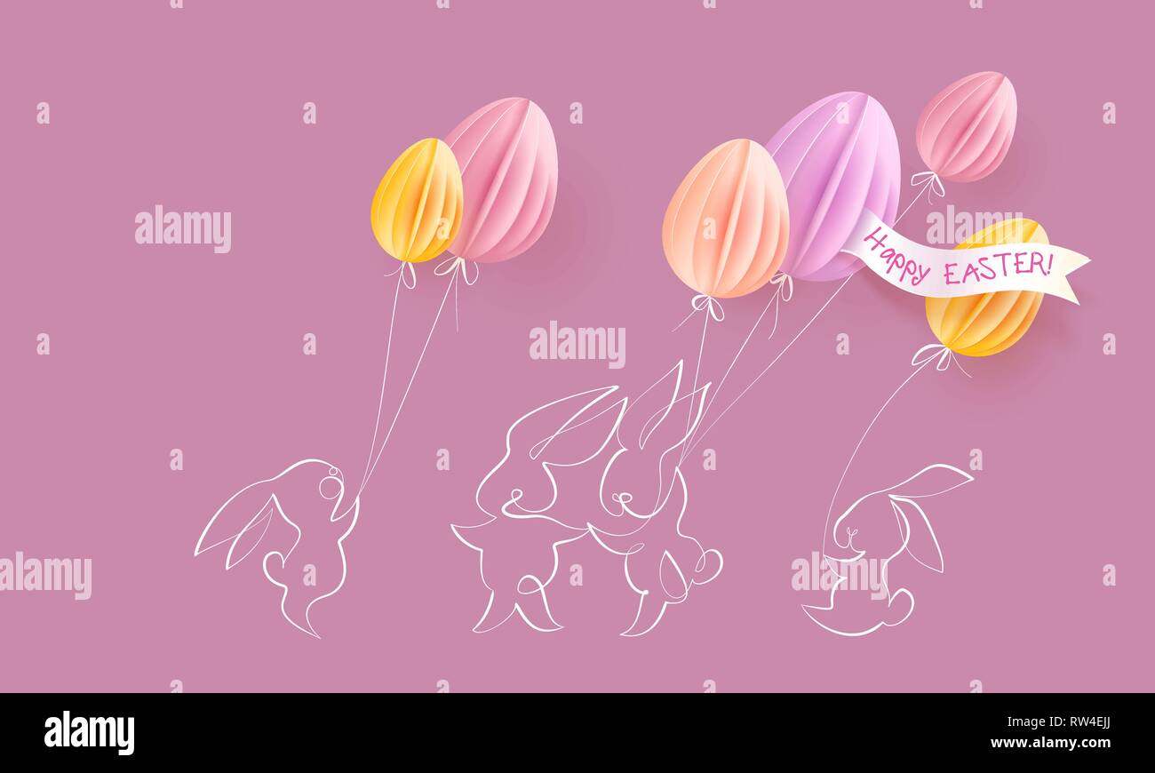Felice Pasqua card. Carino disegnato a mano i conigli con aria palloncini sagomati come uova. Vettore desing di carta illustrazione. Continuo di uno stile della linea. Illustrazione Vettoriale