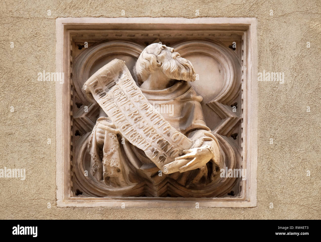 Storia biblica, mattonelle di rilievo, la parete esterna della chiesa di Orsanmichele a Firenze, Toscana, Italia Foto Stock