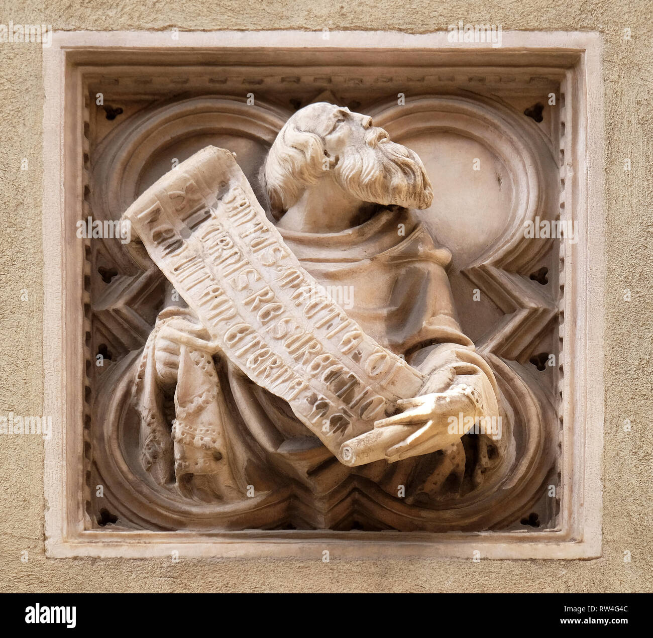 Storia biblica, mattonelle di rilievo, la parete esterna della chiesa di Orsanmichele a Firenze, Toscana, Italia Foto Stock