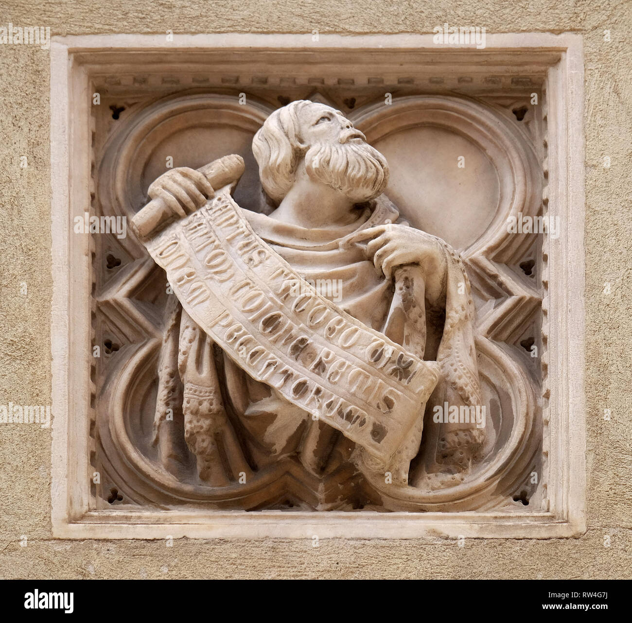 Storia biblica, mattonelle di rilievo, la parete esterna della chiesa di Orsanmichele a Firenze, Toscana, Italia Foto Stock