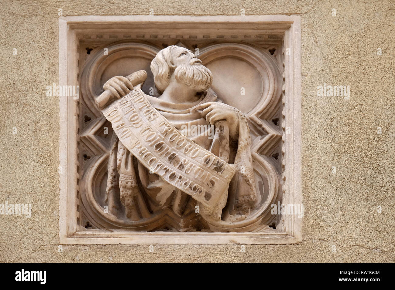 Storia biblica, mattonelle di rilievo, la parete esterna della chiesa di Orsanmichele a Firenze, Toscana, Italia Foto Stock