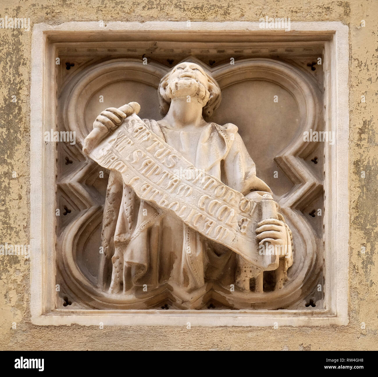 Storia biblica, mattonelle di rilievo, la parete esterna della chiesa di Orsanmichele a Firenze, Toscana, Italia Foto Stock